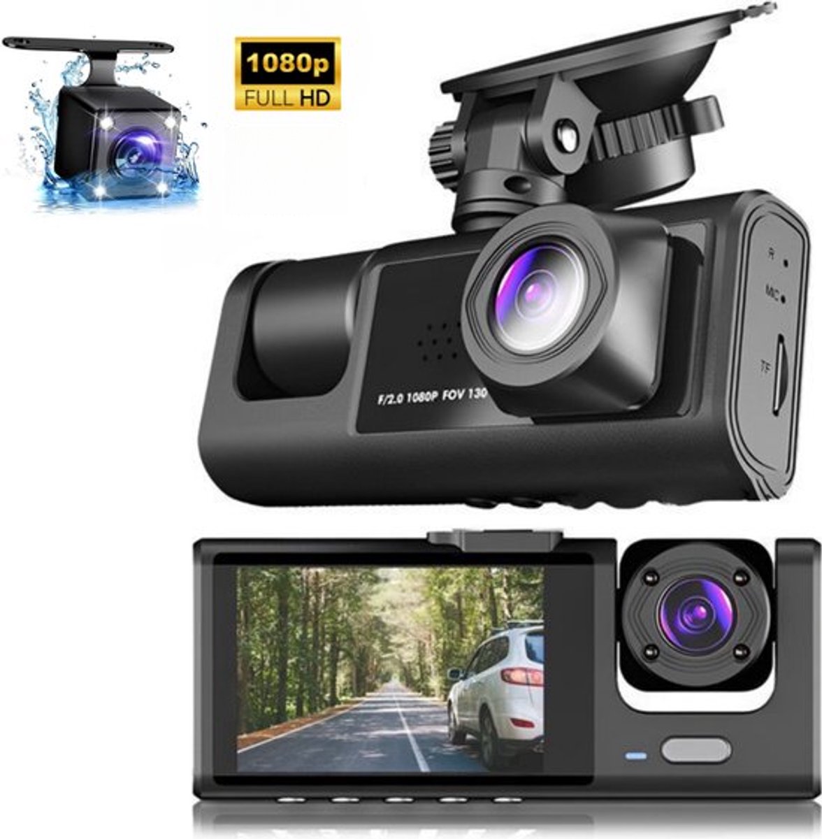 Dashcam met drie lenzen, dubbele opname voor en achter, 1080p Full HD.
