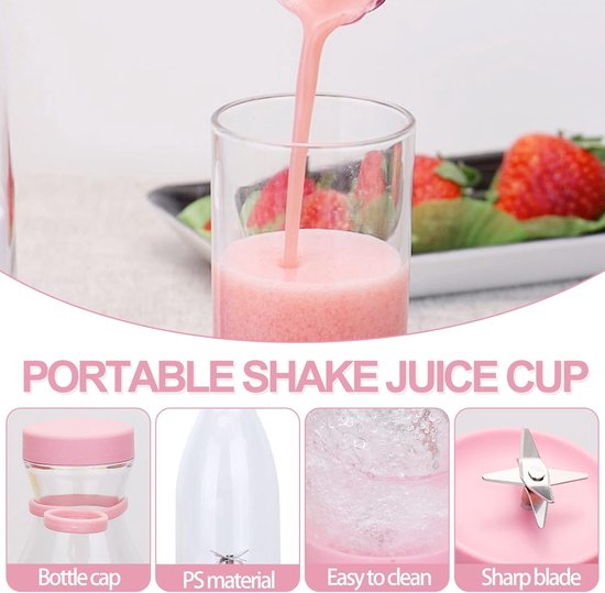 Draagbare mini-blenderbeker, 380 ml elektrische blenderbeker voor vers sap, met USB-oplaadbare mini-blender, geschikt voor het maken van smoothies, sappen en ijs, perfect voor op reis en tijdens het sporten - Roze van Merkloos — afbeelding 5
