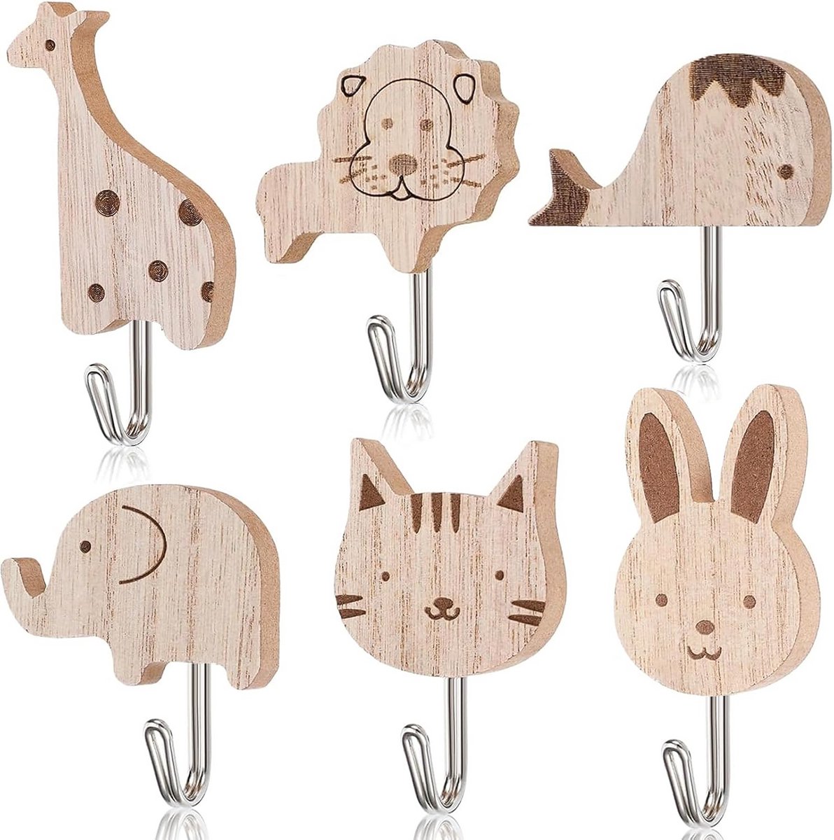 6x Houten Kapstokhaken Dieren voor Kinderkamer - Muurhaken Kleding en Handdoek