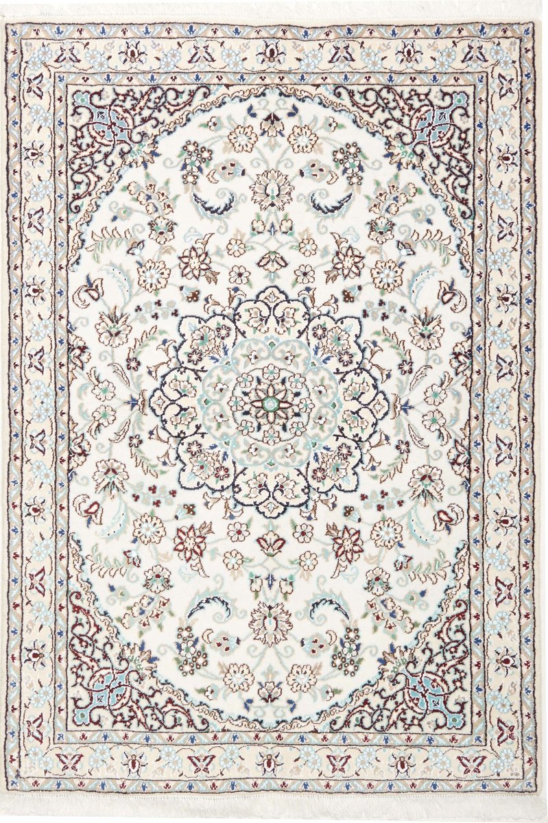 Perzisch Nain Tapijt 100 x 143 cm – Handgeknoopt Wol & Zijde – Licht Ivoor Blauw