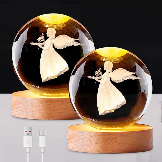 Saturnus Lamp, 3D Saturnus Kristallen Bal Nachtlampje met Houten Basis Heldere Kristallen Bal Nachtlamp Fantasie Sfeer Decoratie Bal Nachtlampje voor Thuiskantoor Woonkamer Slaapkamer (Maan
