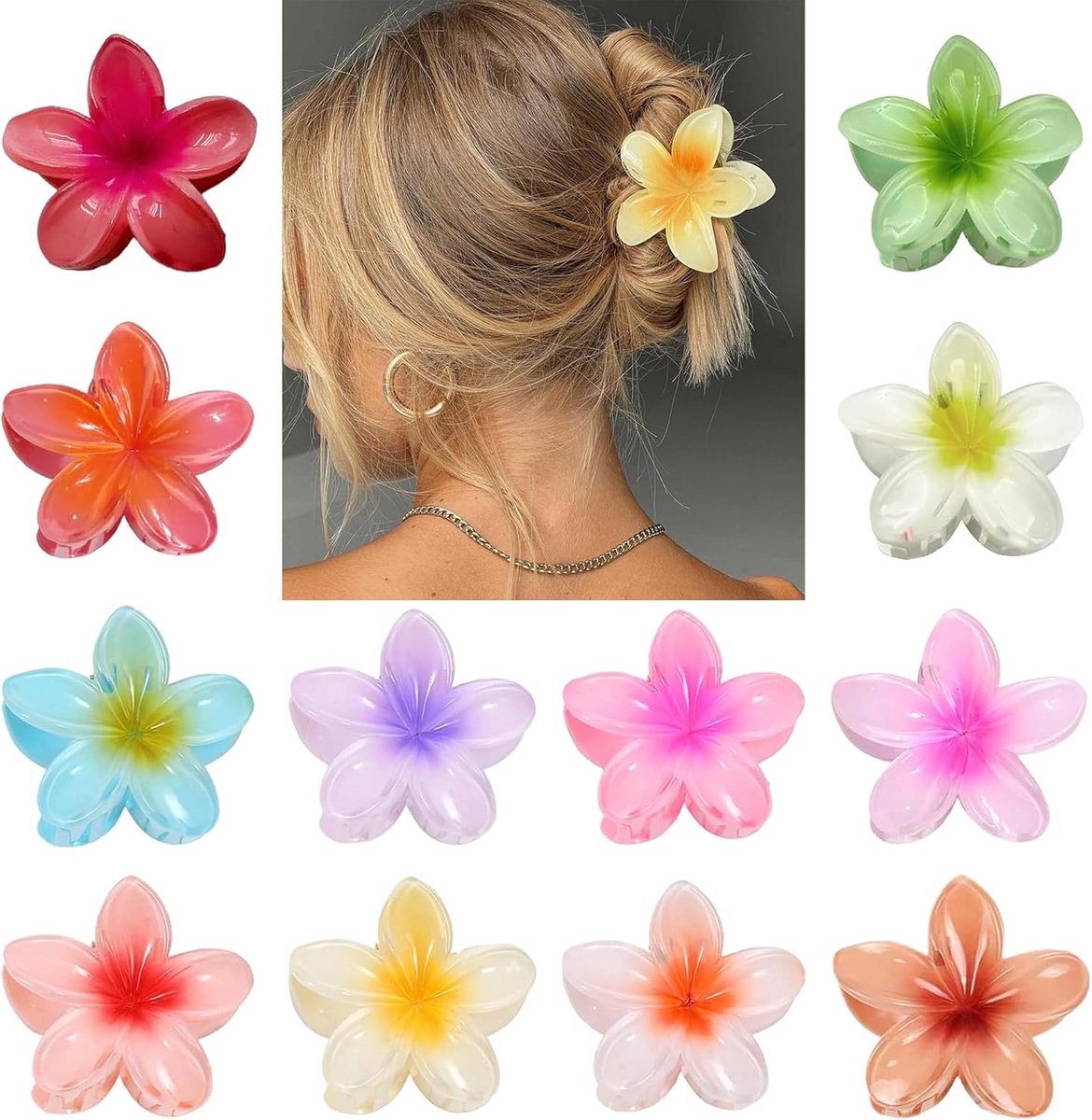Set van 12 Grote Hawaiiaanse Bloemen Haarclips - Antislip Bloemvormige Haarspelden