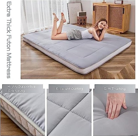 Futonmatras - Vloermatras Logeerbed - Comfortabel Slapen - Extra Dik Gewatteerd - 90 x 190 cm - Grijs — afbeelding 5