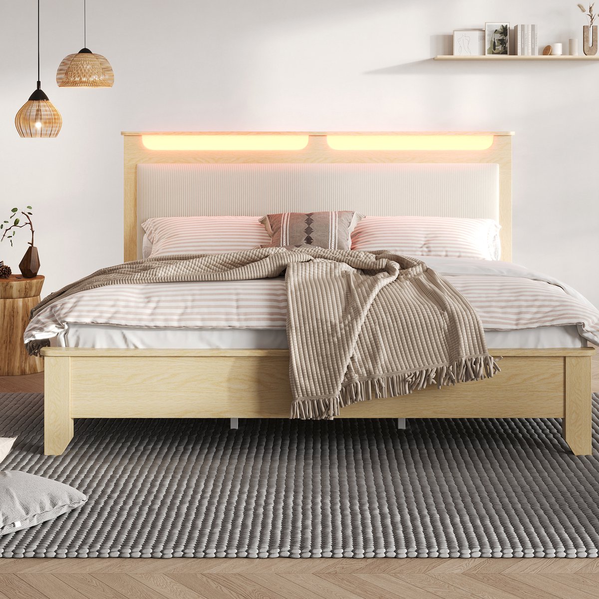 Merax Tweepersoonsbed 140×200 cm - gestoffeerd bed met opbergruimte - LED-verlichting - houten bedframe - beige - zonder matras