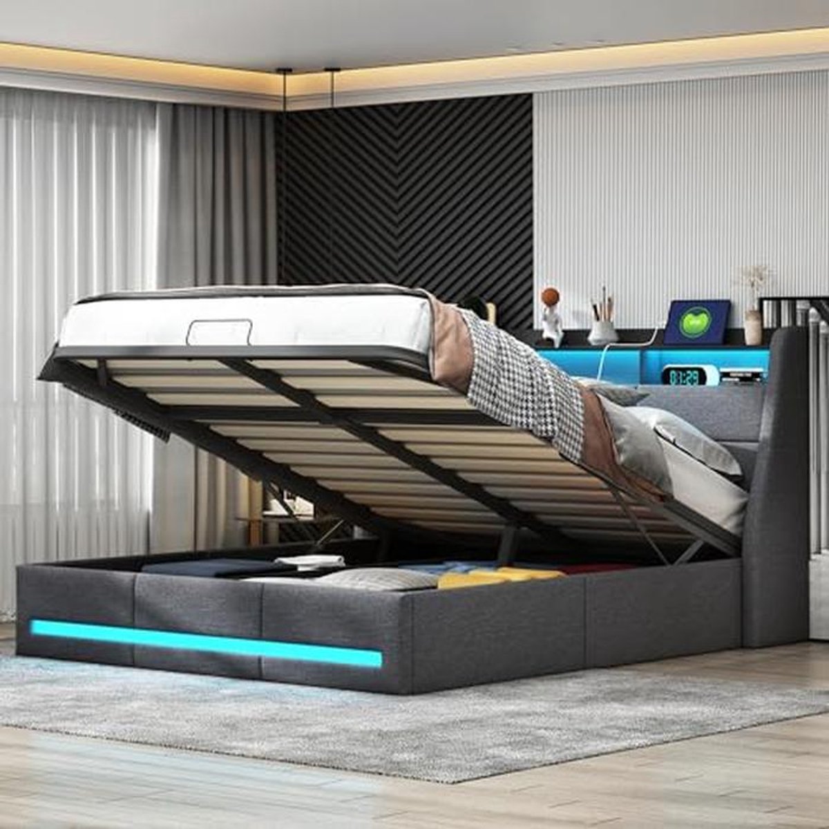 Tweepersoonsbed 160x200 cm met LED-verlichting en USB-oplaadfunctie, hydraulisch opbergbed