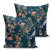 De Groen Home BLOEM - 45x45 cm - Sierkussen velvet set van 2 - Bloemen op donkerblauw - Inclusief binnenkussen