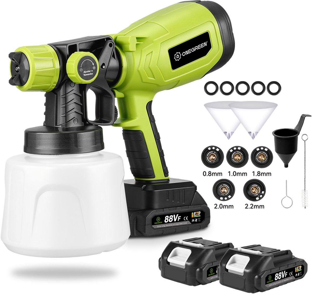 ONEGREEN Accu Verfspuitpistool - 800W Verfspuitsysteem - 1400 ml verfreservoir - HVLP Verfpistool - mit 2x Accu’s & 5x sproeiers - voor muren, daken, hekken