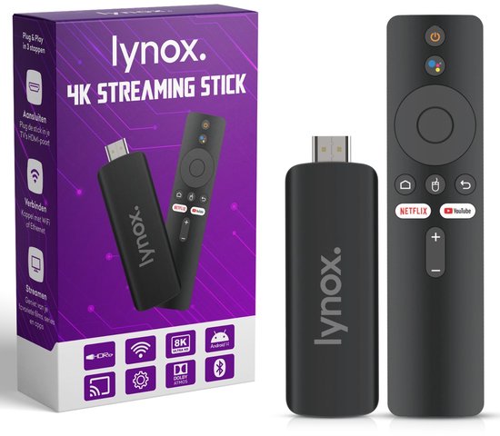 Lynox® Chromecast 4K TV stick - Chromecast voor TV - Geschikt voor chromecast streaming - 4K HDR 10+ - Wifi 6 & bluetooth 5.4 - Nederlandse software -
