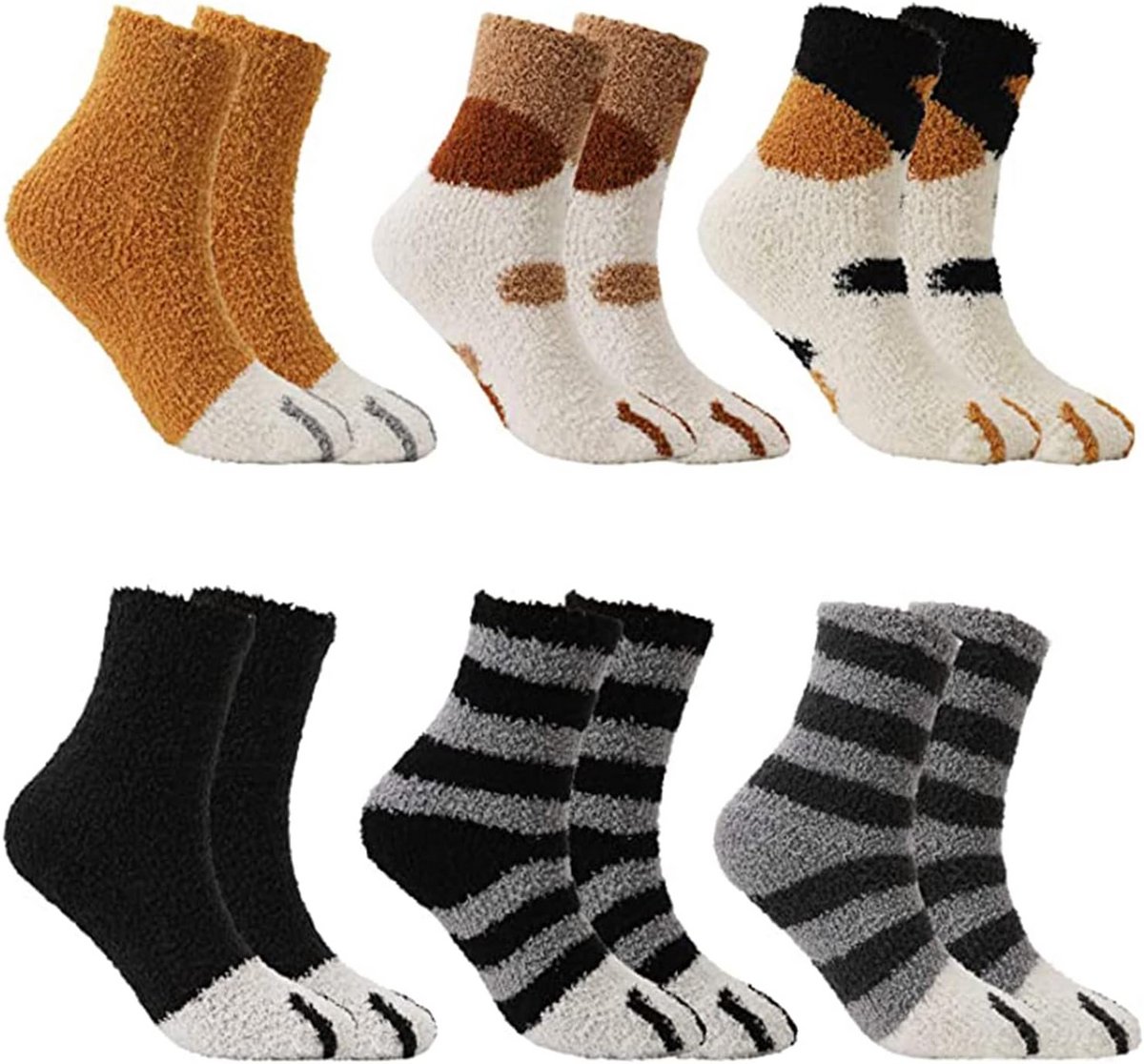 6 Paar Warme Dames en Heren Sokken met Schattig Kattenpoot Patroon - Super Zacht en Dik Coral Fleece