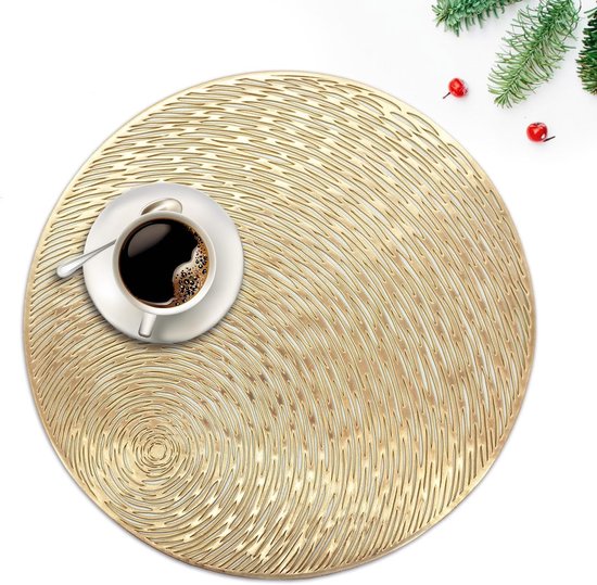 Dessous de plats, 4 pièces de dessous de plats PVC lavables, matériau vinyle rond, convient pour les mariages, les banquets, les restaurants, les hôtels et autres lieux. De couleur or.