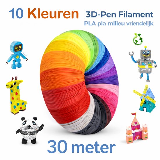 10 couleurs de filament pour stylo 3D, 30 mètres de long, PLA écologique. Petits robots, girafe, panda, moulin et château en filament.