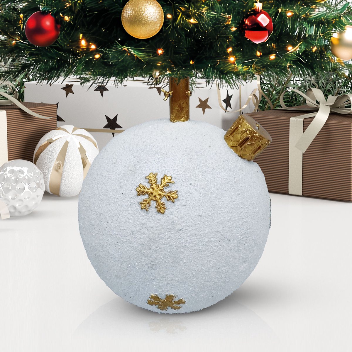 Family Christmas Kerstboomstandaard Kerstbal – Decoratieve Kerstboomvoet van Kunststeen – Stevige Boomstandaard met Gouden Sneeuwvlokken – Wit/Goud 1 Stuks [58593]