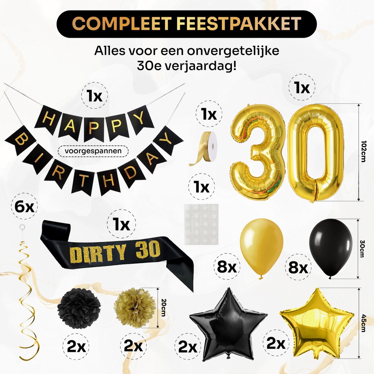 Zwart en Goud 30e Verjaardag Versiering - Feestversiering - Happy Birthday - Feestpakket - Ballonnen - Slinger - Dirty 30 - Sjerp - Verjaardagsfeest - Feestartikelen - Feestdecoratie Black & Gold — afbeelding 5
