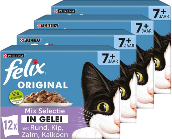 Felix Original in Gelei 7+ Senior Mix Selectie - Kattenvoer Natvoer - Rund Kip Kalkoen & Zalm - 48 x 85 g