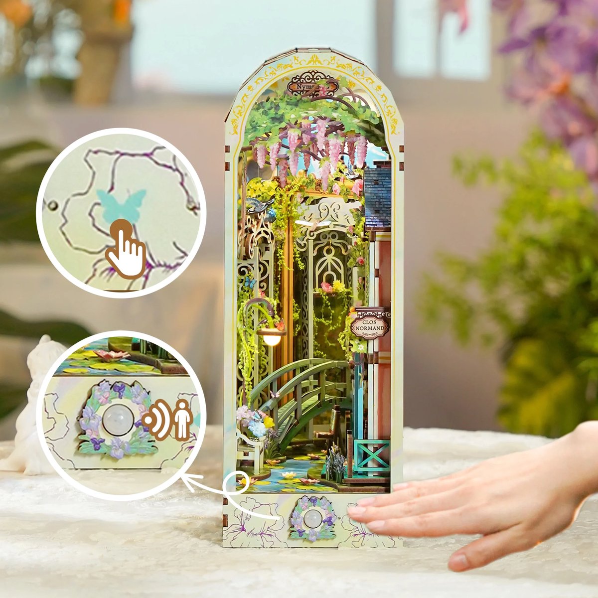 Tonecheer Giverny Garden Book Nook Bouwpakket - Modelbouw - 19 x 9,8 x 26,9 cm - Houten 3D Puzzel - Boekensteun - LED-licht - Bewegingssensor Licht - Boekenhouder — afbeelding 6