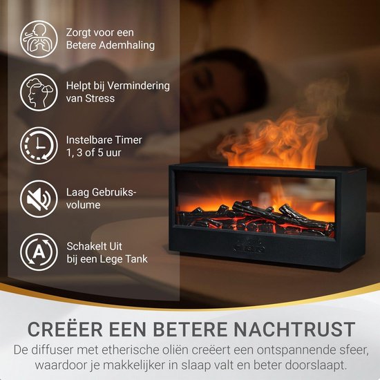 Aroma diffuser met vlam-effect voor een betere nachtrust: helpt tegen stress, instelbare timer, laag volume, schakelt automatisch uit.