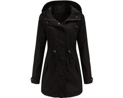 Lichtgewicht damesjas, trenchcoat, gereedschapstas, trekkoord in de taille, capuchontrui, casual herfstjas met rits en zakken, trenchcoat met capuchon van katoen, zwart, maat 2XL.