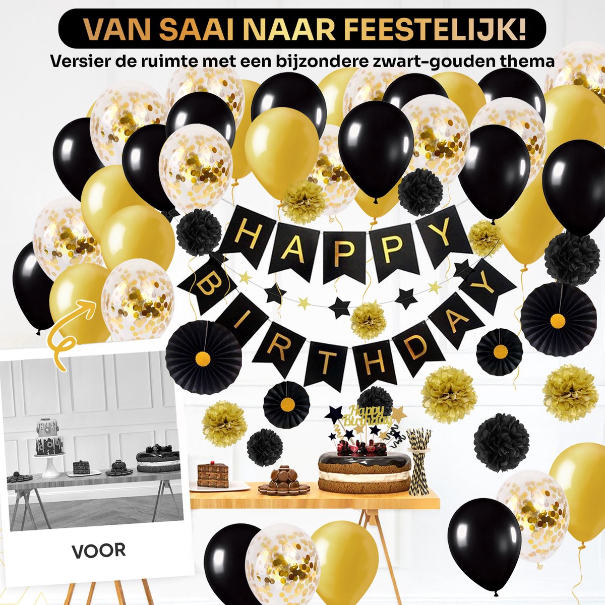 Vitamo™ Zwart & Goud Verjaardag Versiering - Feestversiering - Happy Birthday - Feestpakket - Ballonnen - Slinger - Verjaardagsfeest - Feestartikelen - Feestdecoratie Black & Gold XL — afbeelding 7