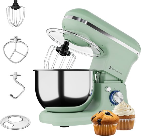 KitchenBrothers 1200W Keukenmachine - Keukenrobot - 5L - Mixer met Mengkom - BPA-vrij Keukenmixer - Pastelgroen