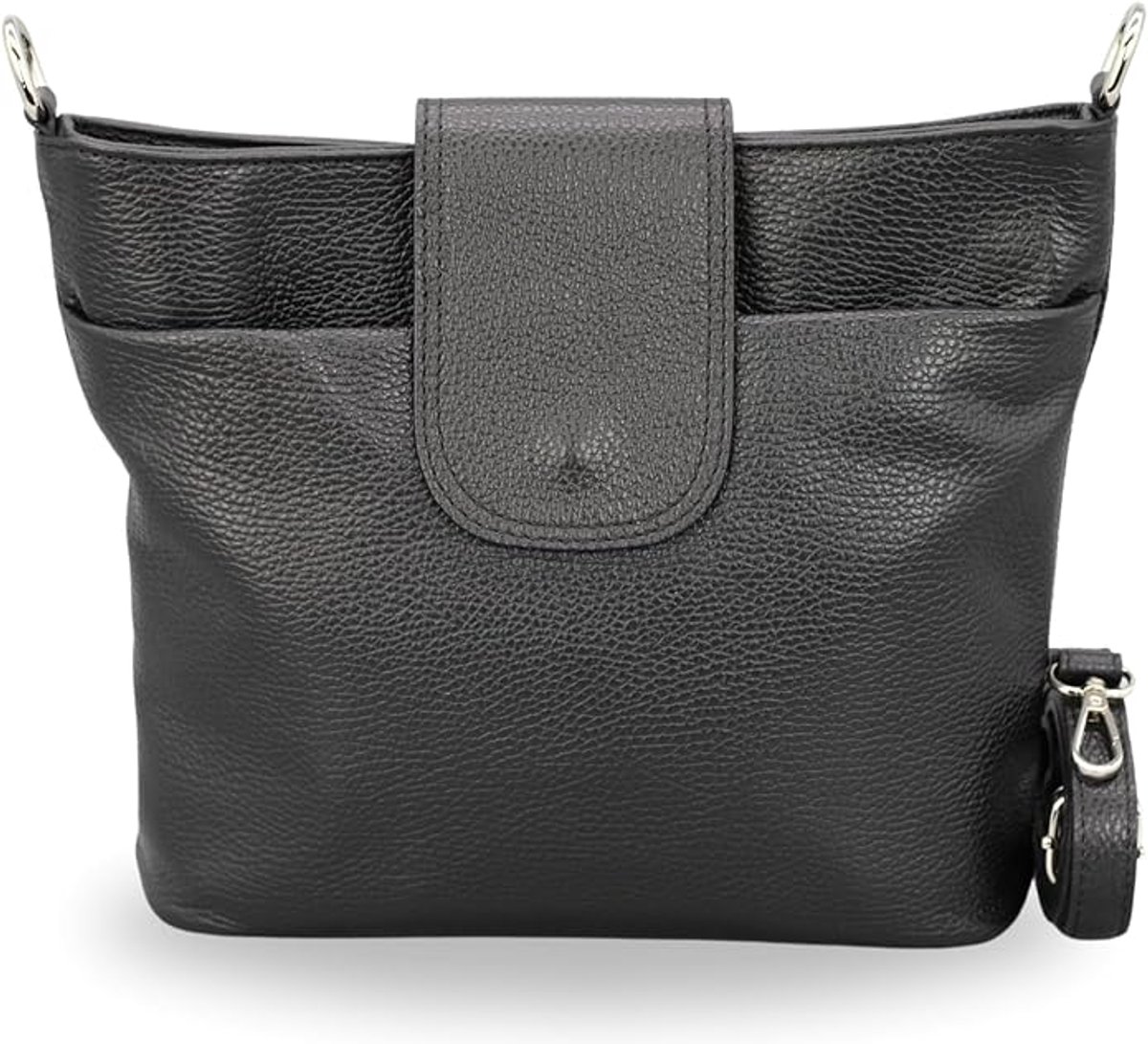 BELCHOME Ellie schoudertas voor dames, handgemaakte crossbodytas van echt leer met leren riem en brede schouderband met patroon, 7 vakken, waterdicht, stijlvol, gemaakt in Italië, Zwart
