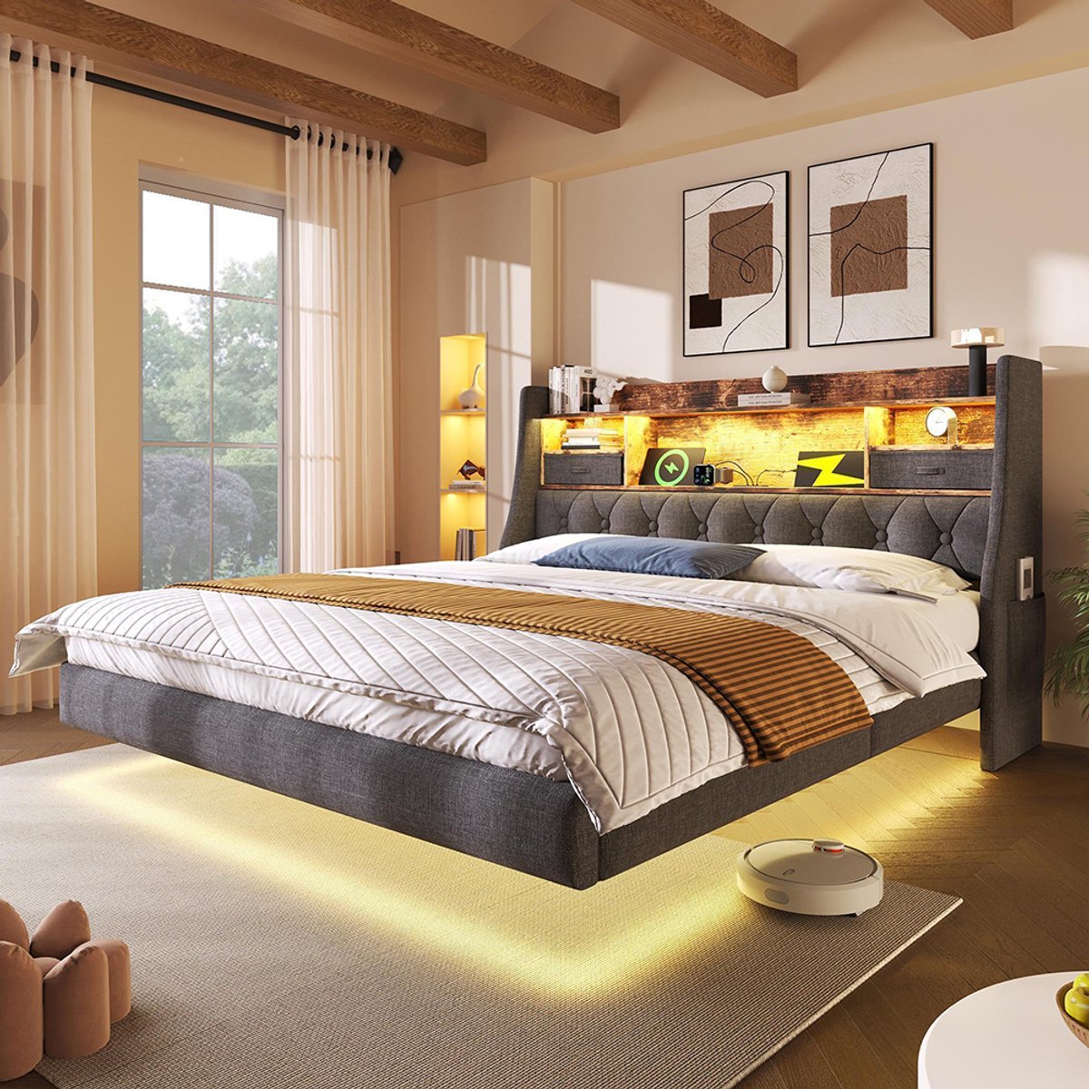 KOMHTOM BLACKCOLORS - Gestoffeerd Bed 140x200 cm - Hangend Design - Met LED Verlichting en Oplaadstation (1x Type-C, 3x USB) - Hoofdeinde met Opbergruimte - Lattenbodem - Linnen Stof - Grijs - Zonder Matras