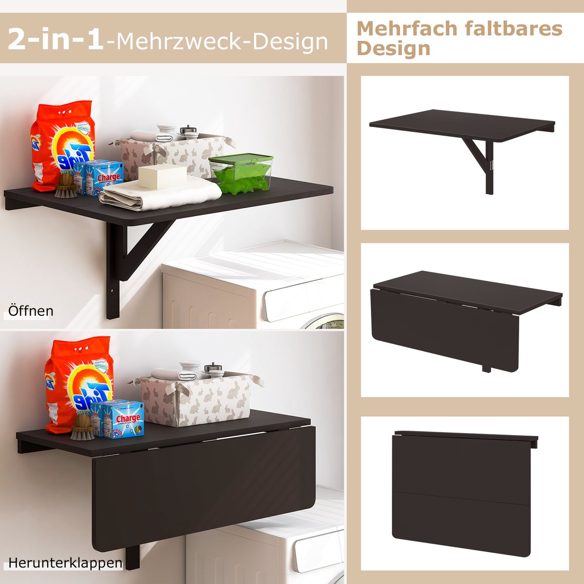 COSTWAY Wandgemonteerde klaptafel, 80 x 60 cm, inklapbare wandtafel, ruimtebesparende keukentafel, wandklaptafel voor keuken, eetkamer, werkkamer (wit