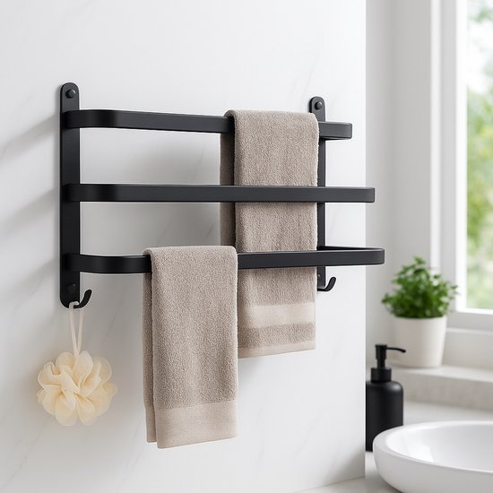 Porte-serviettes noir à 3 niveaux avec deux serviettes beiges et une houppette jaune, fixé au mur.