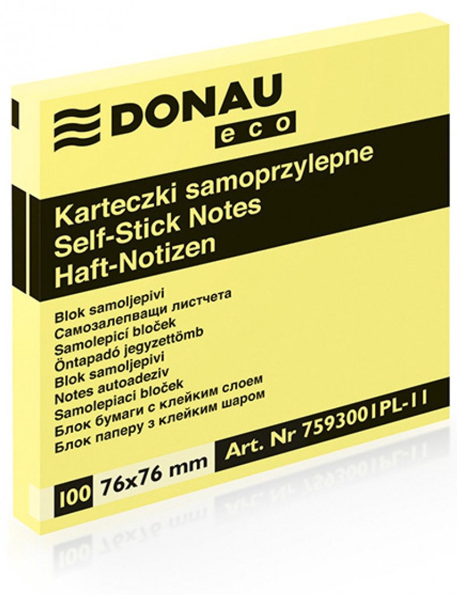 Donau Eco 7593001PL-11 - Zelfklevende notities - 76x76mm - 100 vel - Geel - Milieuvriendelijk - Handig - Herbruikbaar