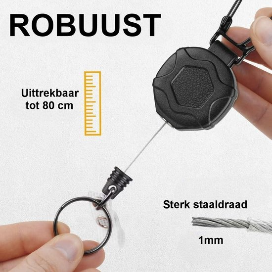 Zwarte oprolbare sleutelhanger met karabijnhaak. Uittrekbaar tot 80 cm met 1mm sterk staaldraad.
