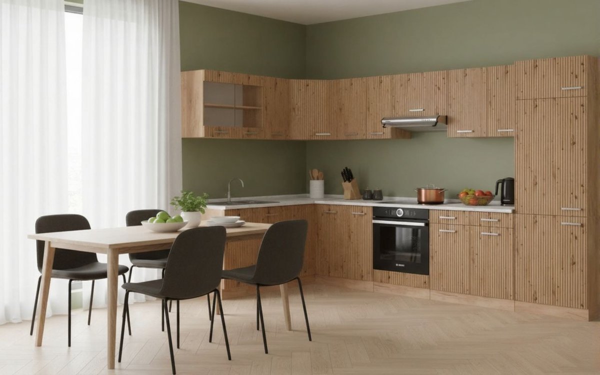 Hoekkeuken 227x287 cm – Luxe L-Vorm Keuken met Marmer Werkblad – Artisan Eiken & Goldkraft Eiken – Moderne Design Keuken met Verstelbare Poten – Novihome