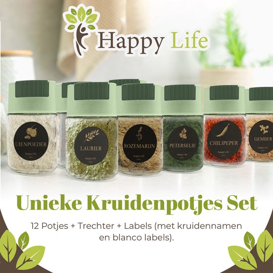 Een rij glazen kruidenpotjes met groene deksels, etiketten met kruiden en het Happy Life logo.