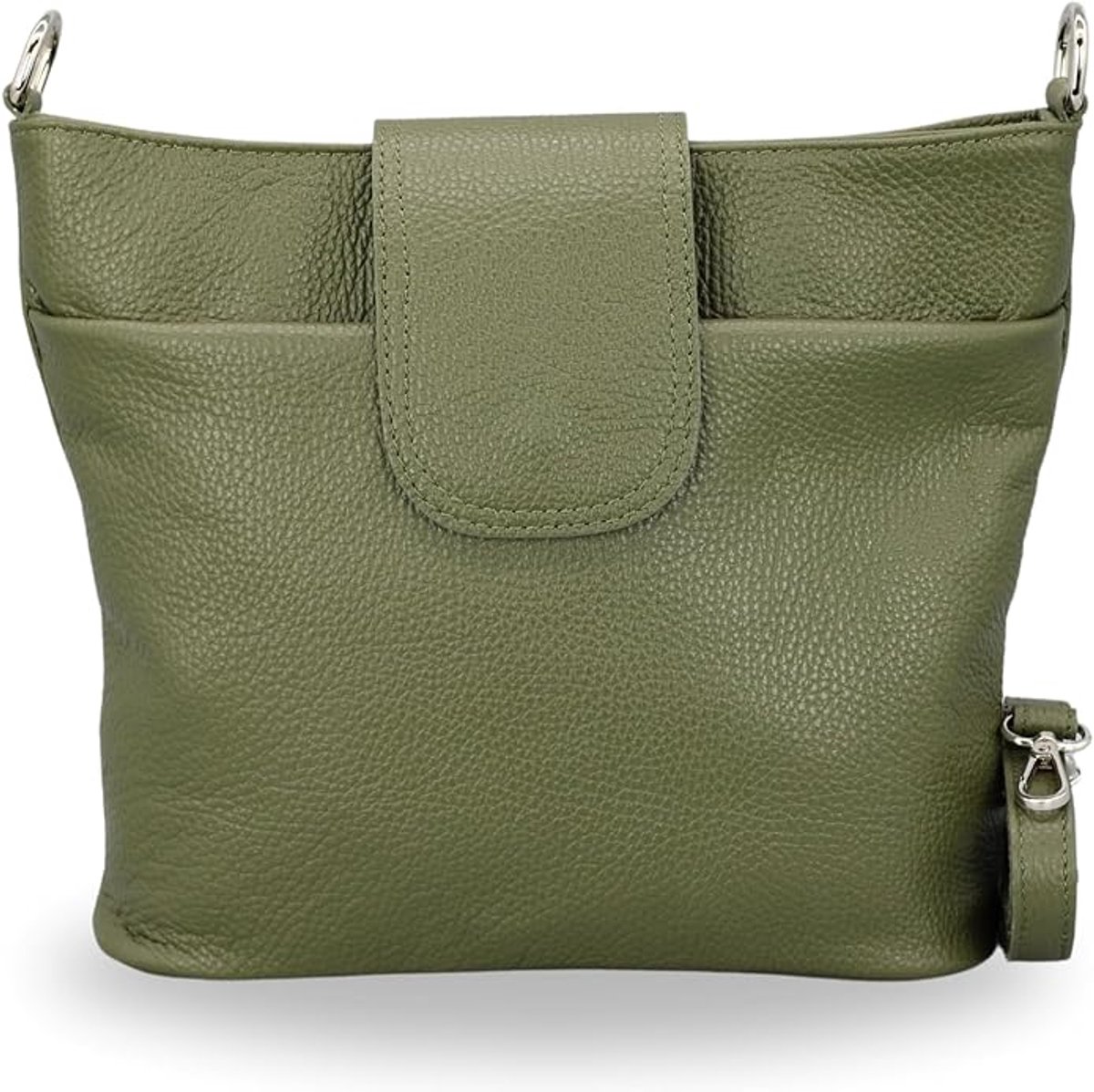 BELCHOME Ellie schoudertas voor dames, handgemaakte crossbodytas van echt leer met leren riem en brede schouderband met patroon, 7 vakken, waterdicht, stijlvol, gemaakt in Italië, Khaki
