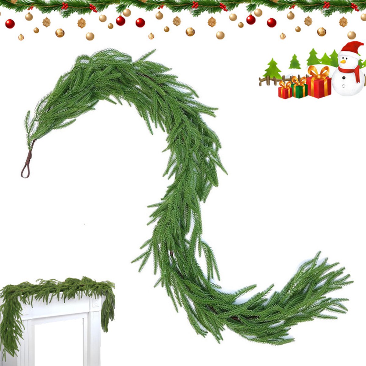 Krans van Norfolk-dennen - 1,8 m kunstmatige kerstkrans - Realistische winterkrans van dennen - Groene kunstmatige groene krans - Geschikt voor feestdecoraties, open haarden, schouwen, ramen, trappen en binnen- en buitendecoraties.
