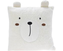 foto van Excellent Houseware Dieren sierkussen - beer - kinderkamer - wit - 43 cm - polyester - cadeau - met oren
