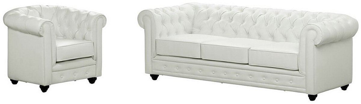 Vente-unique Driezitsbank en fauteuil CHESTERFIELD in kunstleer - Wit
