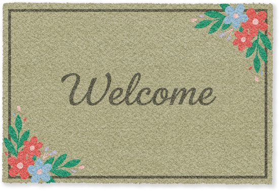 Deurmat 90x60 cm - Droogloopmat Welkom - Bloemen - Groen - Mat voor binnen - Schoonloopmat - Deurmatten met print - Inloopmat