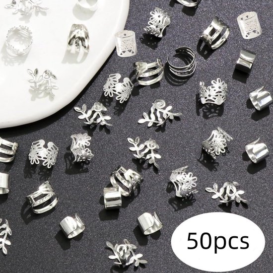 50 accessoires de cheveux argentés pour tresses, bijoux pour dreadlocks, pinces à cheveux, accessoires de coiffure en spirale pour dreadlocks pour hommes, femmes, filles et garçons.