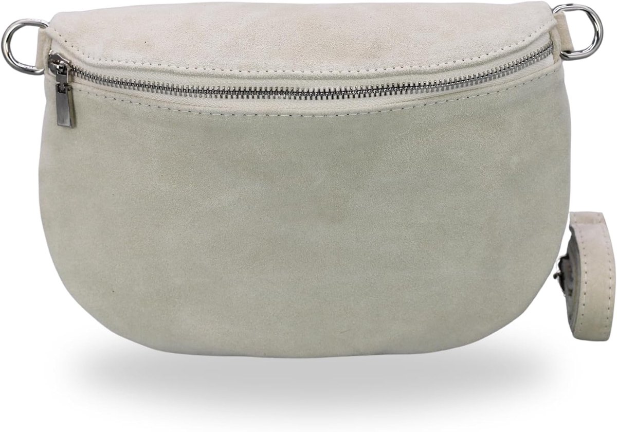 BELCHOME AFIA schoudertas voor dames, handgemaakte crossbodytas en heuptas van suède met leren riem en brede schouderband met patroon, 3 vakken, stijlvol, gemaakt in Italië, Beige