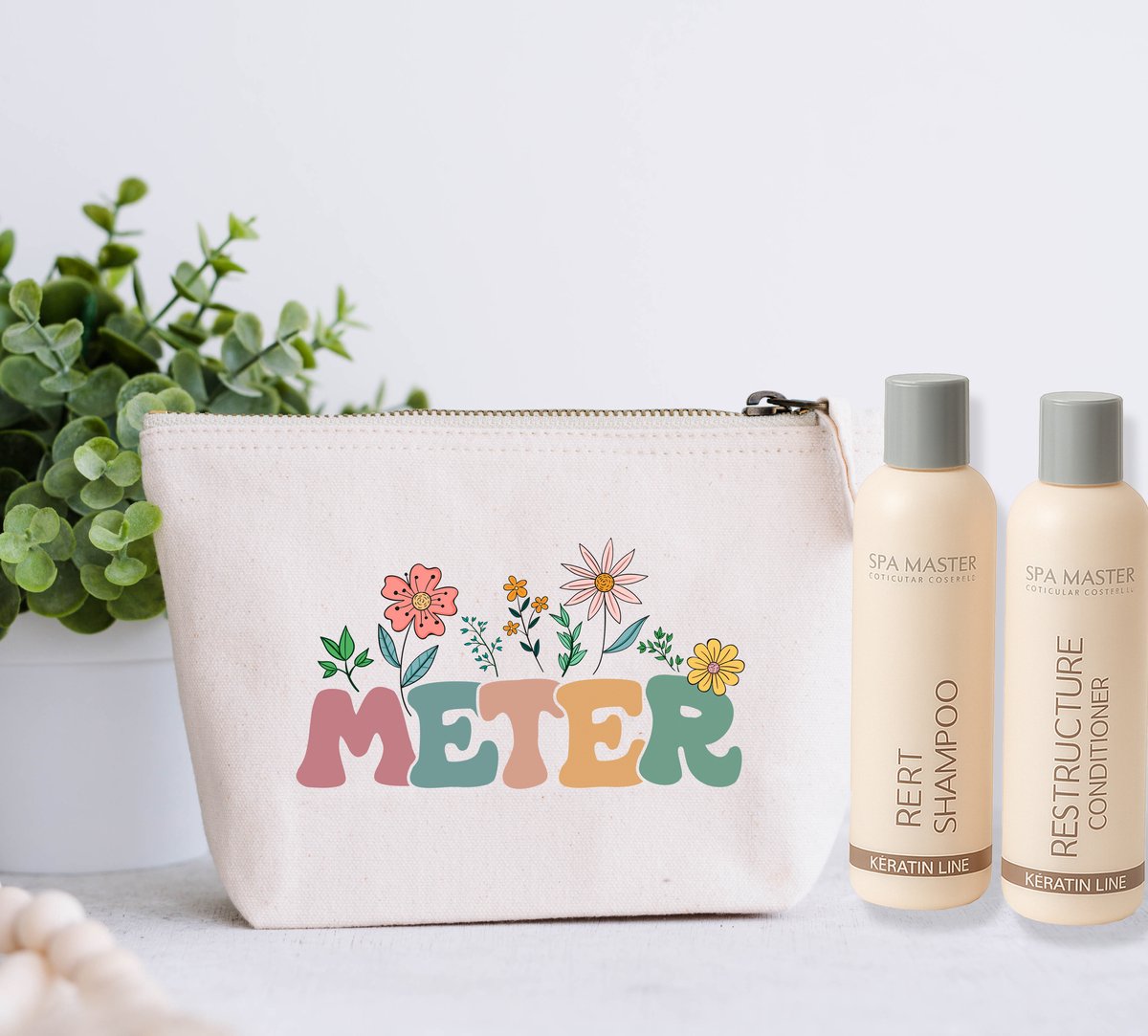 Cadeauset meter - Toilettas met producten - Bloemen - Cadeau meter - Metie - Haarproducten