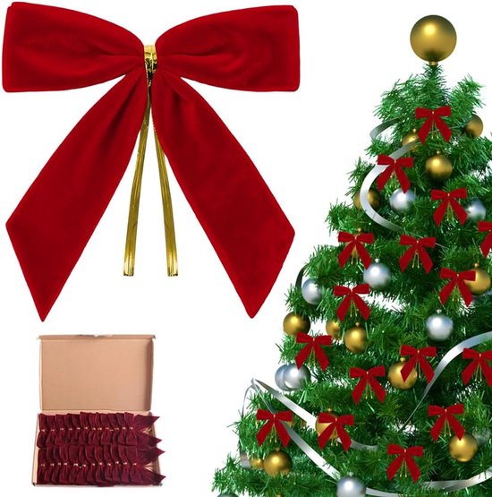 Set van 24 rode fluwelen kerstboomstrikken met gouden accenten, en een doos met de strikken.