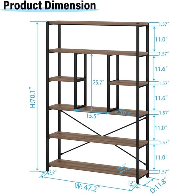 Boekenkast Industrieel – HomeByNicole Luxe 6-Laags Staand Wandrek 120×30×180 cm – Vintage Houten Open Kast – Metalen Frame – Verstelbare Planken – Ruim Opbergrek voor Woonkamer, Slaapkamer & Kantoor