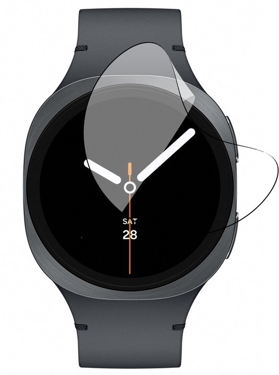 Een ronde screenprotector op een donkergrijs smartwatch met een wijzerplaat.