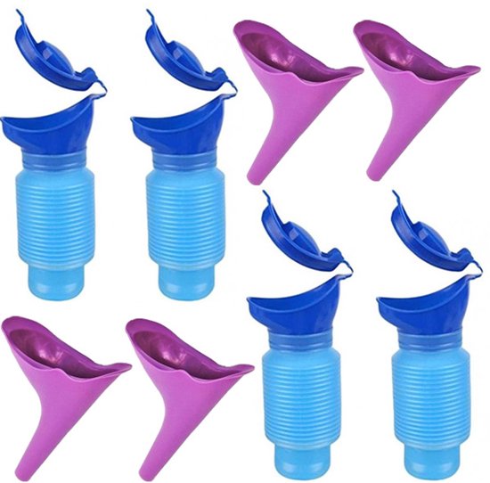 Set van vier blauwe, opvouwbare urinoirs met paarse trechter en blauwe dop.