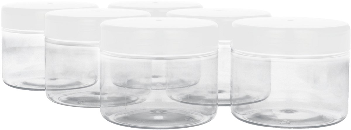 6 x Ronde Pot 250ml PET Kunststof - Transparant met Schroefdeksel wit - PET Kunststof BPA-vrij - Plastic Verzamel potten Navulbaar - Met Dop - Lege Potten - 6 stuks