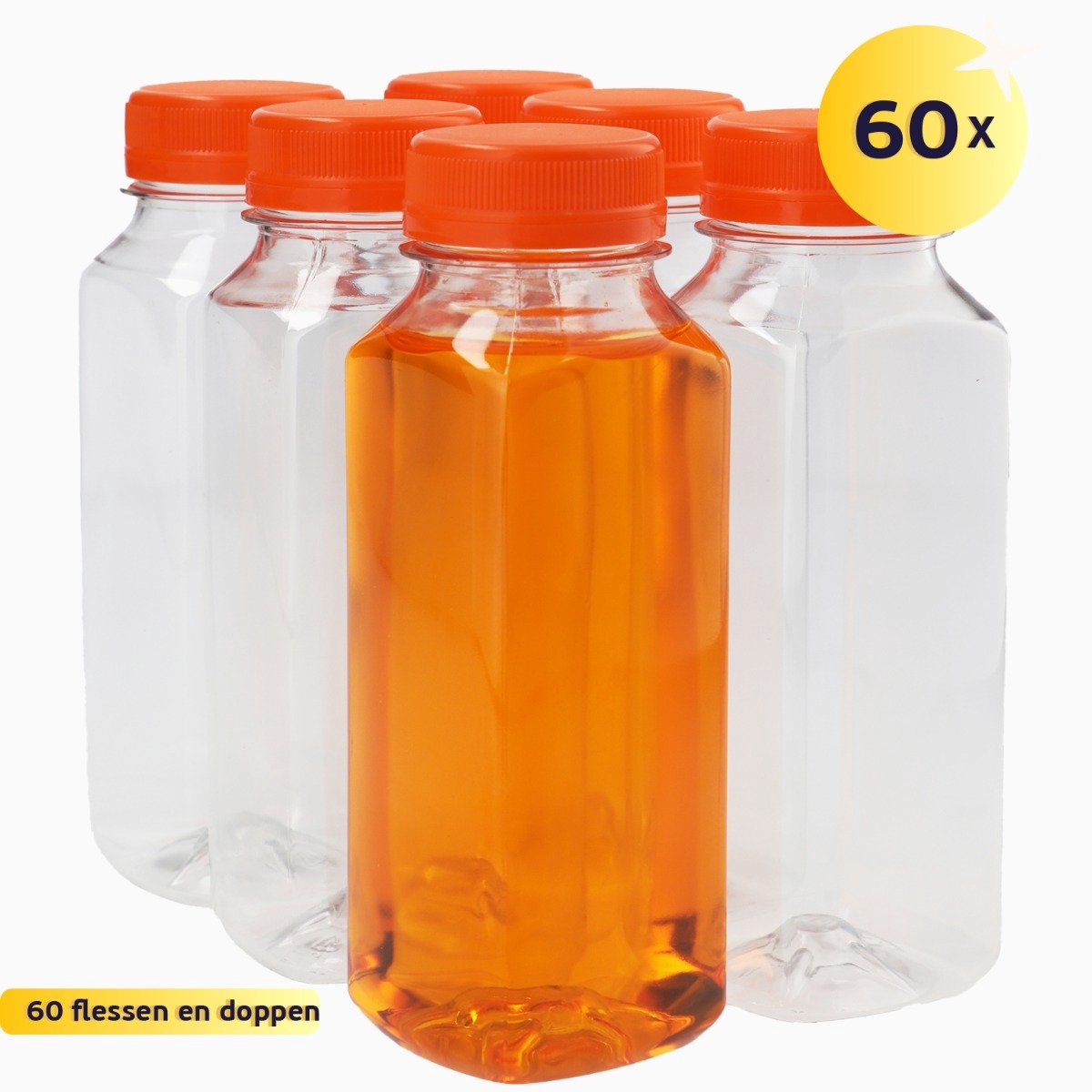 60 x Sapfles Plastic 250 ml - Vierkant - PET Flessen met Dop oranje- PET Kunststof BPA-vrij - Plastic Flessen Navulbaar - Met Dop - Lege Flessen - 60 stuks