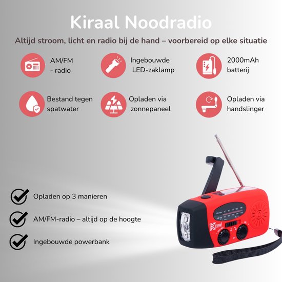 Kiraal noodradio in rood, met LED-zaklamp, AM/FM-radio, zonnepaneel en handslinger