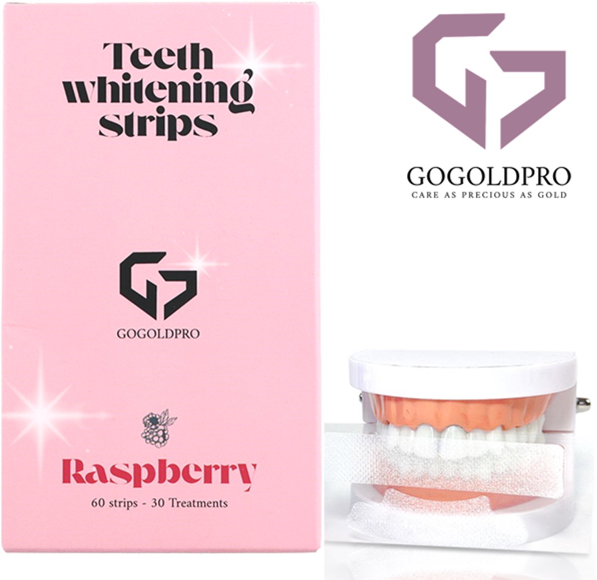 GoGoldPro 60 Tanden bleek Strips - PAP+ Strips voor Stralend Witte Tanden - Wittere Tanden Zonder Peroxide - 100% Veilig en Natuurlijk! - Teeth Whitening Strips - 7 Verschillende Smaken - Framboos