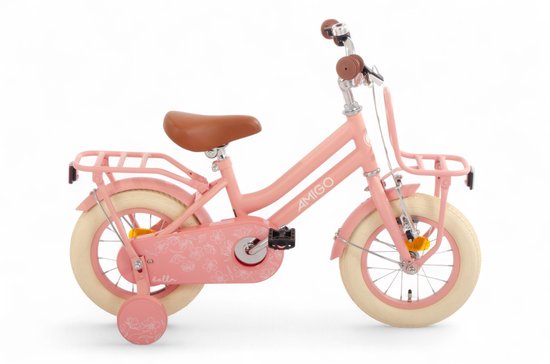 Vélo d'enfant rose avec imprimé floral, selle marron, paniers avant et arrière, et roulettes.