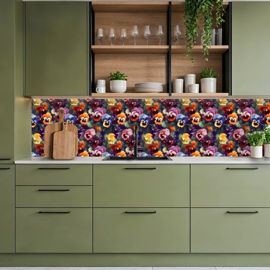 Keuken achterwand 350x60 cm - Spatscherm zelfklevend Viooltjes - Kleuren - Bloemblaadjes - Muurbeschermer - Spatwand fornuis