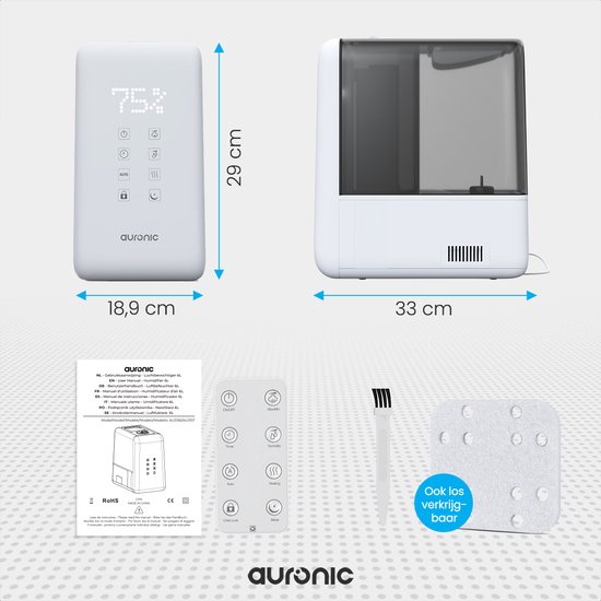 Auronic Luchtbevochtiger - 6L Tankcapaciteit Incl. Waterfilter - 50m2 - Babykamer & Slaapkamer - 3 Vernevelingsstanden - Wit